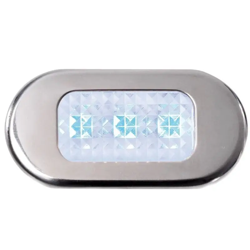Luce di cortesia in acciaio inox con 3 LED blu per illuminazione scalini nautici - Corpo in policarbonato traslucido e ghiera in acciaio inox. Ideale per l'illuminazione di scalini su barche e imbarcazioni. Novità