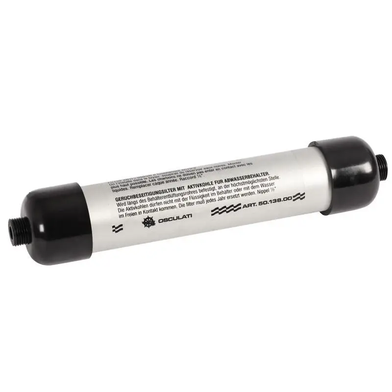 Filtro Deodorsan per sfiato ai carboni attivi per serbatoio acque nere, in alluminio e nylon con fascette gommate in acciaio inox per fissaggio a parete. Ultima Occasione