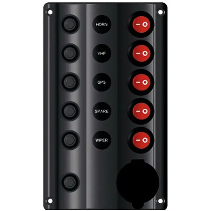 Prezzo Conveniente Pannello Elettrico Wave 5 con Presa Accendino - Design Pratico e Sicuro per la Nautica con Interruttori a Bascula e Fusibili Automatici Riarmabili e Adesivi Identificativi