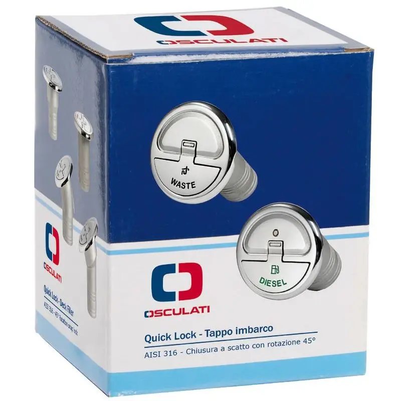 Tappo imbarco Quick Lock per carburante 30° mm 50, acciaio inox AISI 316, chiusura a scatto 45°, sporgenza 7,7 mm, con cavetto inox di ritegno e viti a scomparsa. Esclusivo