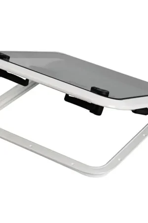 Finestrino Bomar 610 x 610 mm in alluminio verniciato bianco con vetro temperato fumé, cerniere invisibili e apertura a compasso, omologato CE. Popolare