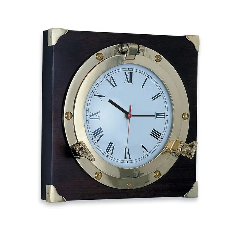 Oblò con Orologio in Ottone Giallo Lucido - Foresti e Suardi su Base Quadra in Legno con Angoli in Ottone Lucido Promozione