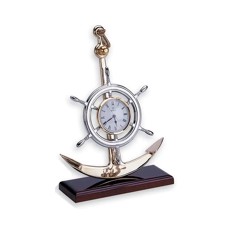 Acquista Ora Orologio da Tavolo in Ottone Giallo Lucido Foresti e Suardi con Base in Legno, Ancora e Timone in Ottone Cromato - Eleganza Nautica per la Tua Casa