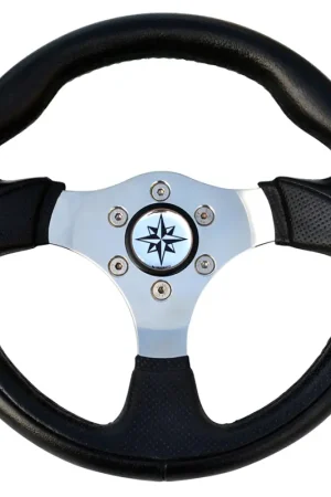 Prezzo Conveniente Ruota Timone T12 Nero Ø 300 mm - Volante a 3 Razze con Impugnatura in Poliuretano e Razze in Acciaio Inox - Cono Universale