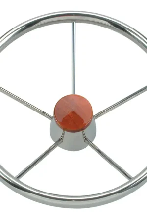 Ruota Timone Inox Ø 320 mm - Volante Nautico in Acciaio Inox a 5 Razze con Mozzo e Tappo in Legno, Impugnatura Ovale e Cono Universale Nuova Collezione