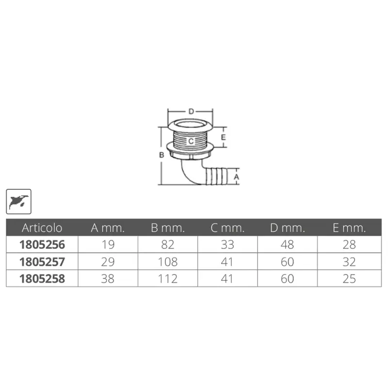 Prezzo Basso Scarico Curvo a Mare in PVC/Inox Ø 25 mm - Scarico a Mare Ø 25 mm con Ghiera Inox AISI 316