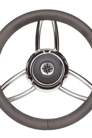 Ruota Timone T26 Grigio Ø 350 mm - Volante Nautico a 6 Razze in Acciaio Inossidabile Lucido con Impugnatura in Poliuretano Morbido e Logo Rosa dei Venti Promozione