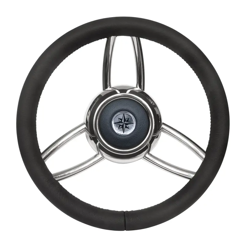 Professionale Ruota Timone T26 Nero Ø 350 mm - Volante Nautico a 6 Razze in Acciaio Inox Lucidato con Impugnatura in Poliuretano Morbido e Copertura in Vera Pelle con Logo Rosa dei Venti