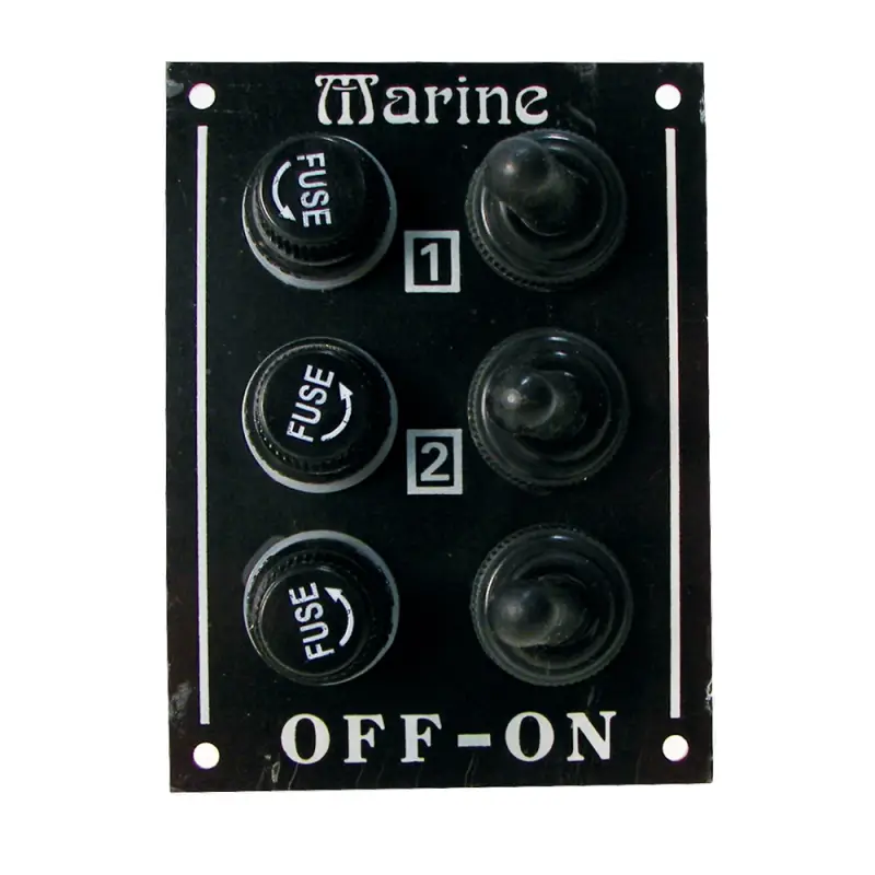 Pannello Elettrico 3 Interruttori in Alluminio Nero con Cappucci Protettivi e Portafusibile - Marine Town Promozione