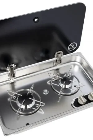 Prezzo Scontato Piano Cottura Gas Incasso 2 Fiamme con Coperchio in Vetro e Acciazione Manuale - Acciaio Inox Lucidato a Specchio - Termocoppia di Sicurezza - Certificato CE