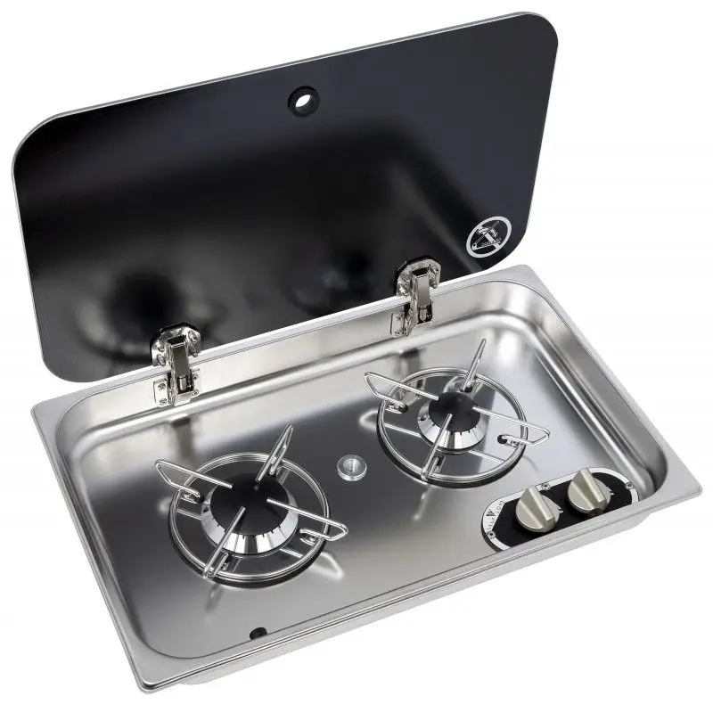 Prezzo Scontato Piano Cottura Gas Incasso 2 Fiamme con Coperchio in Vetro e Acciazione Manuale - Acciaio Inox Lucidato a Specchio - Termocoppia di Sicurezza - Certificato CE