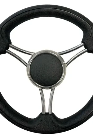 Ruota Timone Nero in Pelle Ø 350 mm - Volante T22 a 6 Razze con Impugnatura in Poliuretano Morbido e Razze in Acciaio Inox per Barche e Yacht Sconto