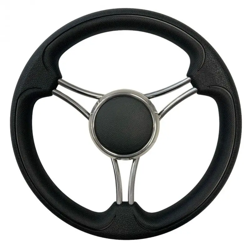 Ruota Timone Nero in Pelle Ø 350 mm - Volante T22 a 6 Razze con Impugnatura in Poliuretano Morbido e Razze in Acciaio Inox per Barche e Yacht Sconto