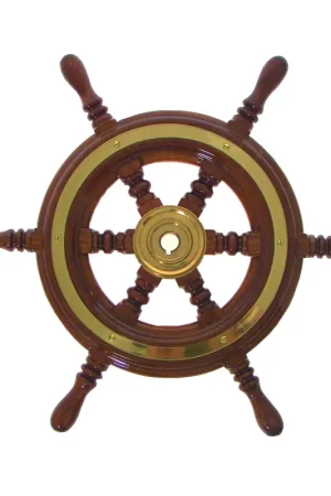 Ruota Timone Tradizionale in Mogano Marino con Mozzo e Cerchio in Ottone - Sei Caviglie, Verniciata con Poliuretano Lucido, Cono Universale Super Prezzo