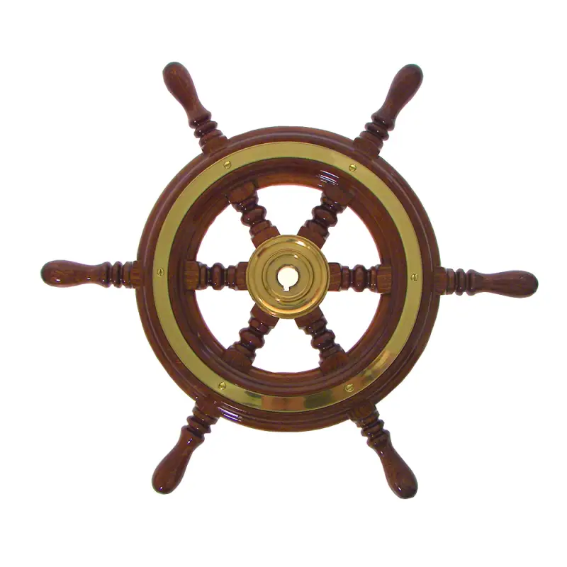 Ruota Timone Tradizionale in Mogano Marino con Mozzo e Cerchio in Ottone - Sei Caviglie, Verniciata con Poliuretano Lucido, Cono Universale Super Prezzo