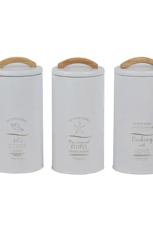 Pagamento Sicuro Set di 3 barattoli da cucina in acciaio smaltato bianco con manico in legno e coperchio ermetico