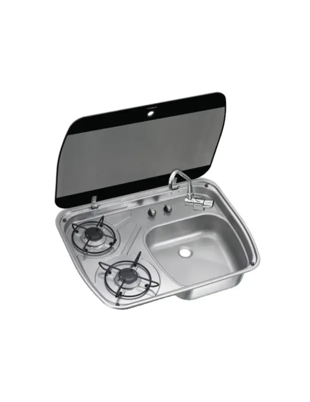 Piano cottura Dometic Cramer 2 fuochi inox, vasca DX e coperchio vetro fumé Spedito Oggi